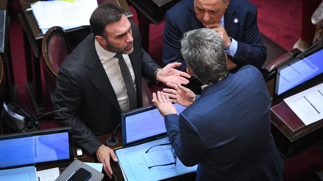 Ezequiel Atauche (LLA) y Víctor Zimmermann (UCR), durante la sesión en que se avaló la ley de ATN que vetó Javier Milei. 
