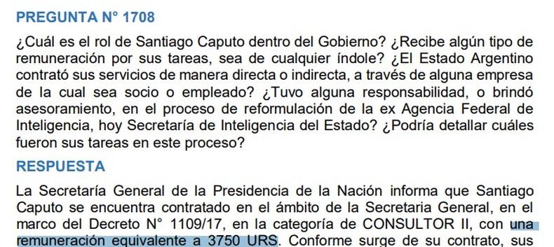 Respuesta de Jefatura de Gabinete sobre el rol de Santiago Caputo. 