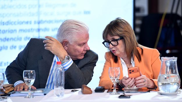 Patricia Bullrich y el senador Agustín Monteverde, durante el debate del Presupuesto en el Senado.&nbsp;