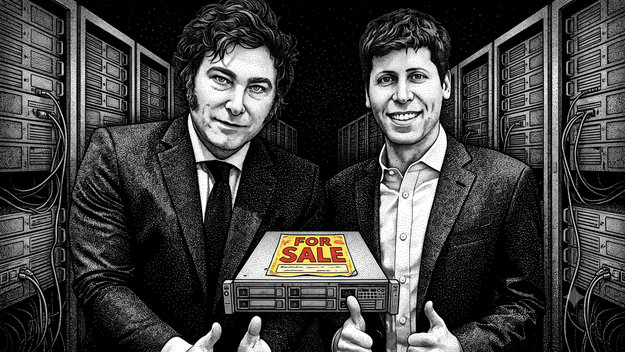 Javier Milei y Sam Altman. Para el zar de la IA, el súper-RIGI es una fiesta (imagen generada con inteligencia artficial).
