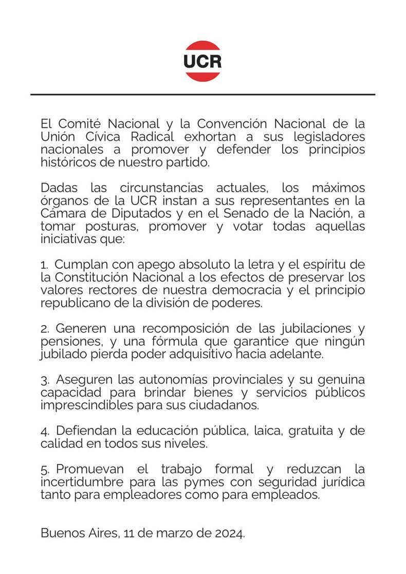 El comunicado de la UCR a sus legisladores.