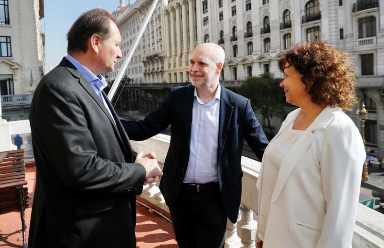 Pedro Dellarrossa, Horacio Rodríguez Larreta y Sara Majorel, intendenta de Marcos Juárz.