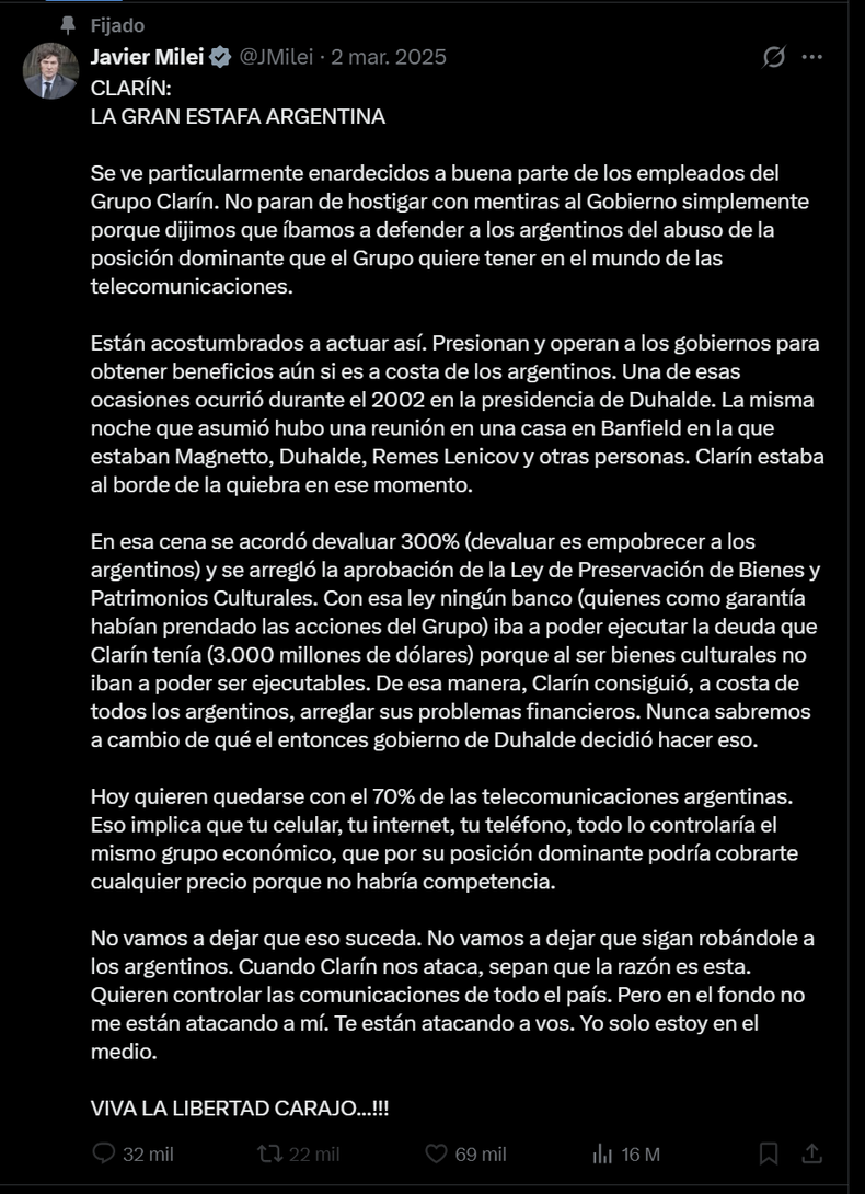 El presidente Javier Milei todavía tiene fijado el tuit en el que se opone a la fusión entre Telecom y Telefónica.