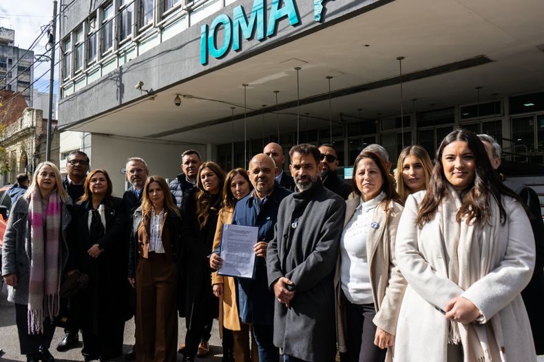 Legisladores de La Libertad Avanza, frente a IOMA.&nbsp;