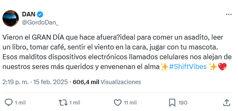 El sábado, Gordo Dan llamó a disfrutar del aire del libre, en lugar de tuitear. 