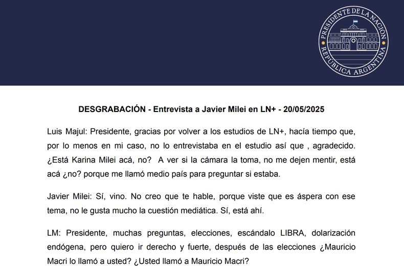 El equipo de comunicación de Presidencia de la Nación difunde a la prensa la transcripción de cada una de las entrevistas que brinda Javier Milei. Llamativo: no edita ni suaviza sus mayores excesos.