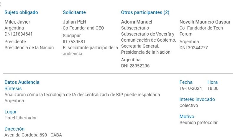 La audiencia de Javier Milei con Julian Peh fue en octubre del año pasado. 