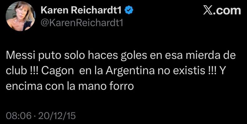 Uno de los tuits polémicos de Karen Reichardt.
