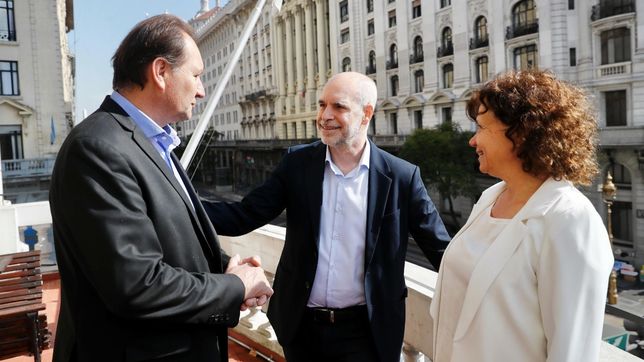 Pedro Dellarrossa, Horacio Rodríguez Larreta y Sara Majorel, intendenta de Marcos Juárz.