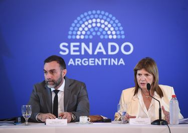 Ezequiel Atauche y Patricia Bullrich, de La Libertad Avanza, durante el debate de la reforma laboral.&nbsp;