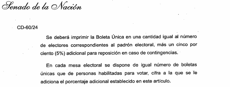 El proyecto de boleta única establece que el Estado deberá imprimir el equivalente a un padrón y un 5% extra para contingencias. 