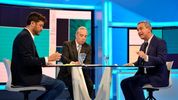 Juan Monteverde y Pablo Javkin durante el debate previo a la elección de intendente de Rosario en 2023, moderado por el periodista Sergio Roulier. (Gentileza Alan Monzón/Rosario3)