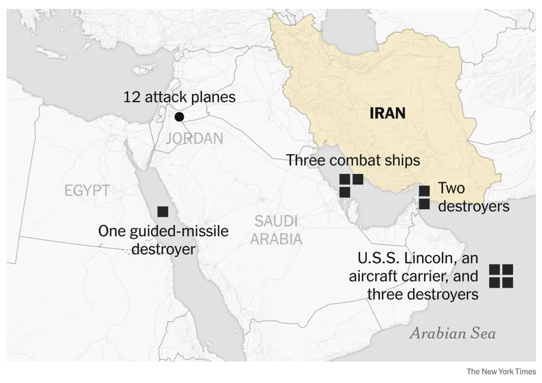 Donald Trump ha movilizado fuerzas al Golfo Pérsico con miras a un ataque a Irán. (Infografía: The New York Times).