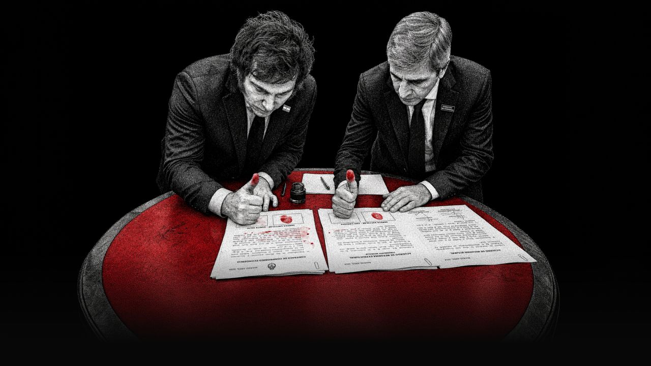 Javier Milei y Toto Caputo firman las garantías para el Círculo Rojo (imagen generada con IA).