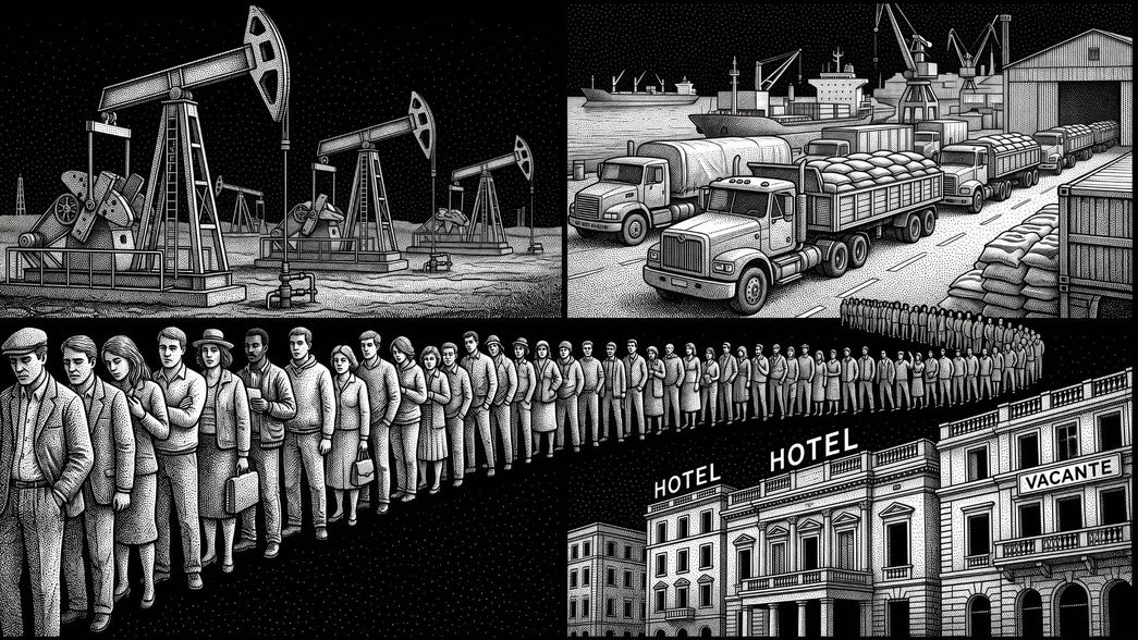 El desempleo avanza en el país de Vaca Muerta y la supercosecha (imagen generada con IA).