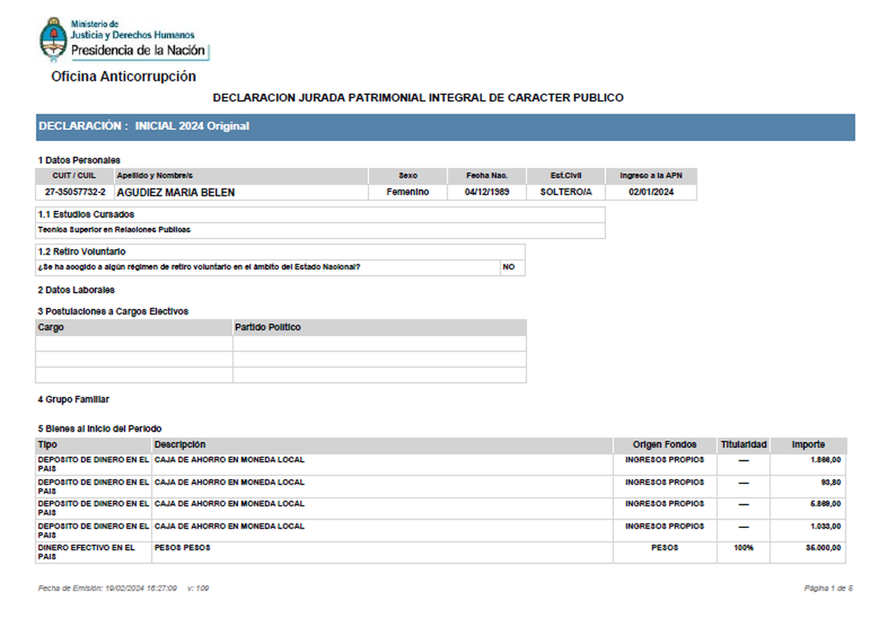 La declaración jurada de Agudiez, la exfuncionaria de Karina Milei, al ingresar al Estado.