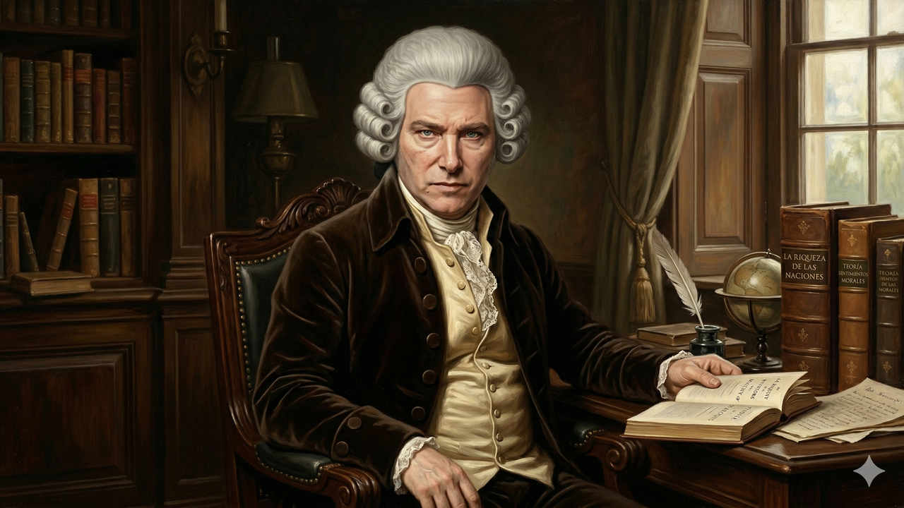 Javier Milei, fan de Adam Smith (imagen creada con inteligencia artificial, la herramienta que entusiasma al Presidente).&nbsp;