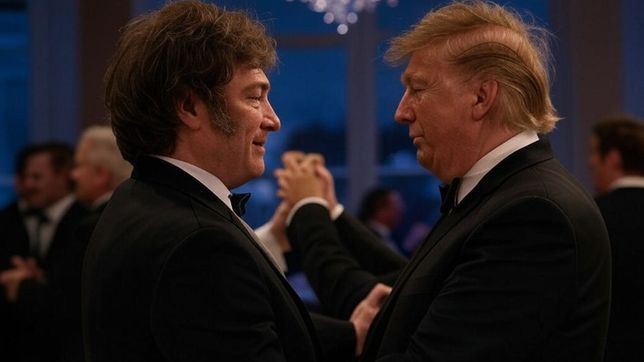 Javier Milei bailando un vals con Trump. (Imagen generada por IA). 