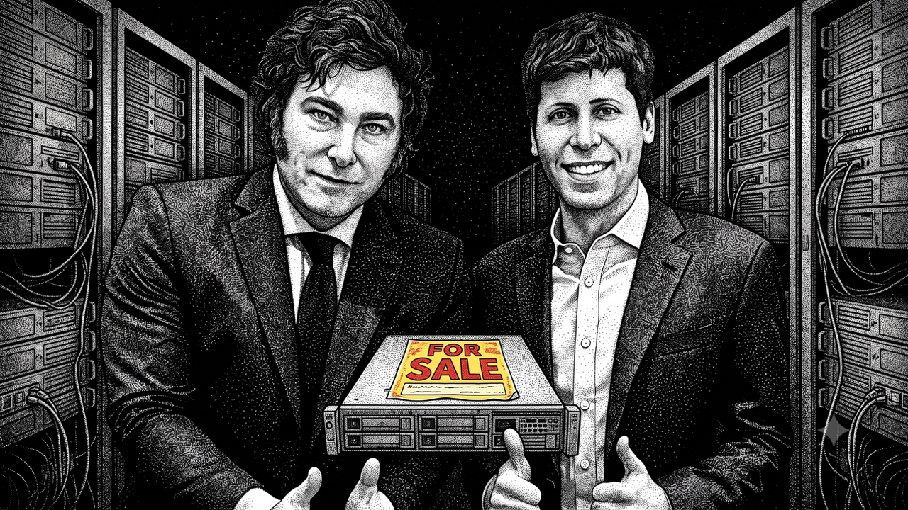 Javier Milei y Sam Altman. Para el zar de la IA, el súper-RIGI es una fiesta (imagen generada con inteligencia artficial).