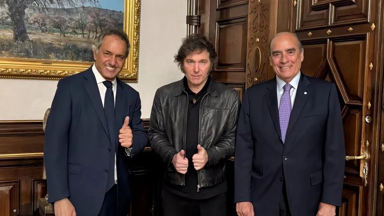 Daniel Scioli, Javier Milei y Guillermo Francos