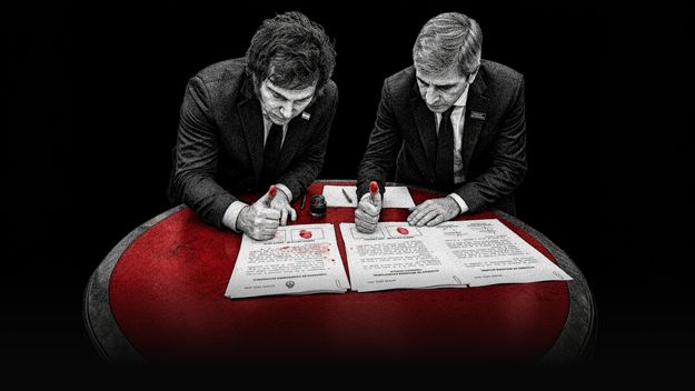 Javier Milei y Toto Caputo firman las garantías para el Círculo Rojo (imagen generada con IA).