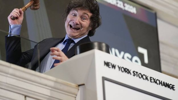 Javier Milei, en Wall Street. LOs mercados le muestran los dientes.