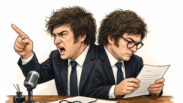 Las dos caras de Javier Milei: la furia y el guion (imagen generada con inteligencia artificial). Las dos caras de Javier Milei: la furia y el guion (imagen generada con inteligencia artificial).