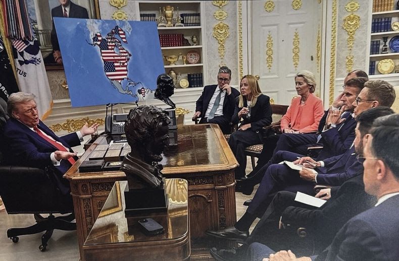 Donald Trump posteó una imagen modificada con inteligencia artificial que lo muestra en su despacho aleccionando a los líderes europeos junto a un mapa de Estados Unidos que incluye, como territorios propios, a Groenlandia, Canadá y Venezuela. Donald Trump posteó una imagen modificada con inteligencia artificial que lo muestra en su despacho aleccionando a los líderes europeos junto a un mapa de Estados Unidos que incluye, como territorios propios, a Groenlandia, Canadá y Venezuela.