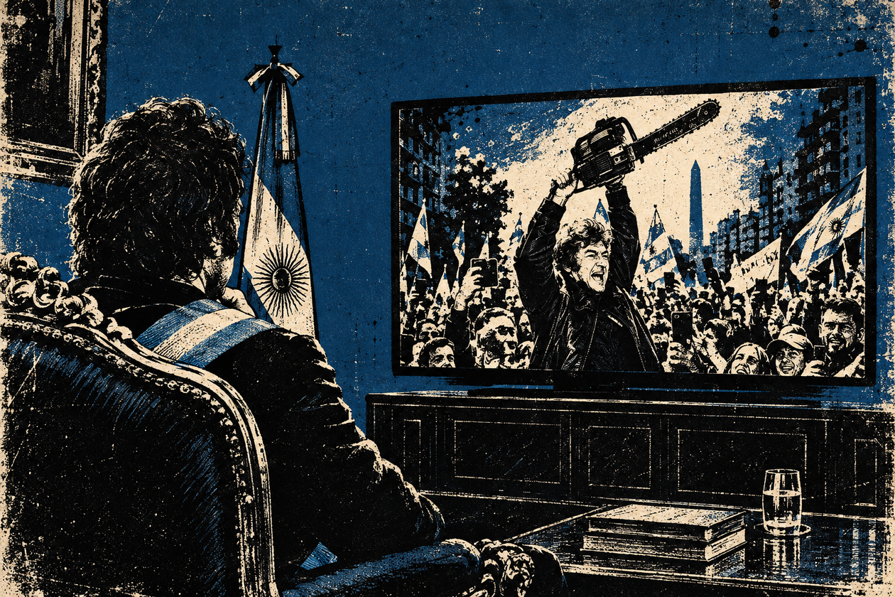 Presidente ante el televisor y la motosierra