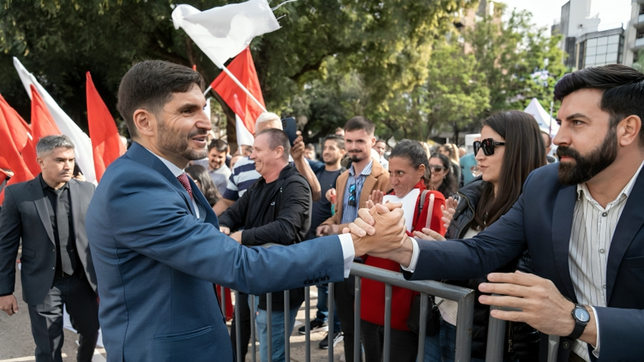 Maximiliano Pullaro saluda al público en la plaza Italia antes de la Apertura de Sesiones Ordinarias de la Legislatura de Santa Fe.