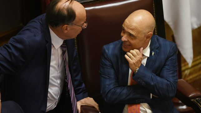 Bartolomé Abdala  (La  Libertad Avanza) habla con Pablo Blanco (UCR), uno de los senadores que votará a favor de jubilaciones y discapacidad. 