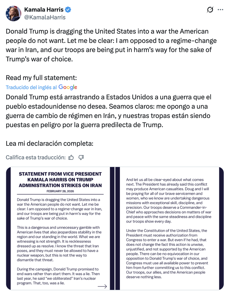 La ex candidata presidencial demócrata Kamala Harris expresó la postura duramente crítica de su partido a la guerra en curso con Irán.