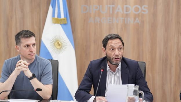 Juan Marino y Maximiliano Ferraro, durante la comisión investigadora de $Libra, que evalúa a Javier Milei. 