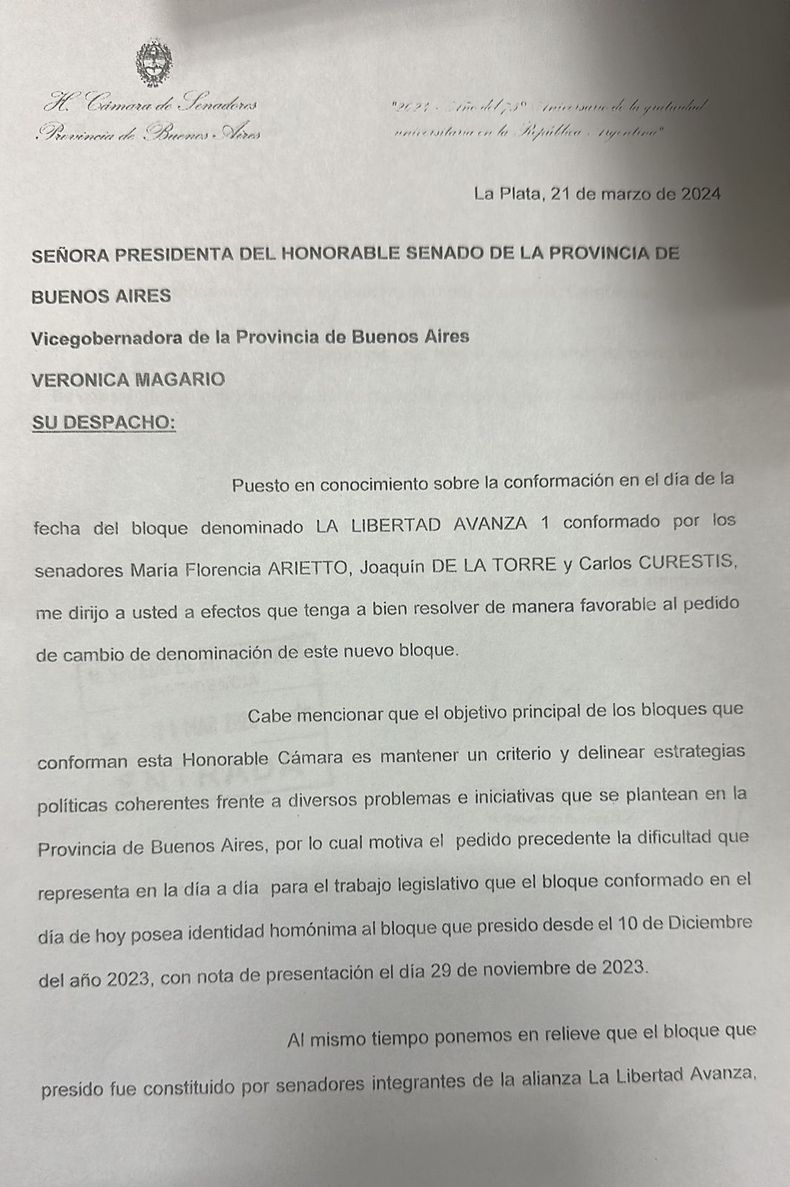 El pedido para que el flamante bloque de Arietto, Curestis y De la Torre cambie de denominación.