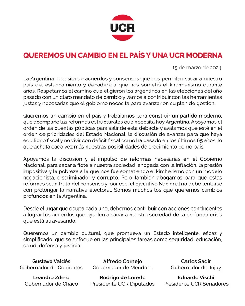 Los gobernadores radicales –con la excepción de Maximiliano Pullaro– y los jefes de bancada se diferenciaron de Martín Lousteau.