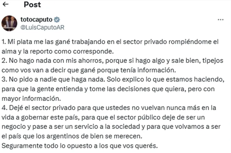 Tuit de Toto Caputo de julio de 2024. 