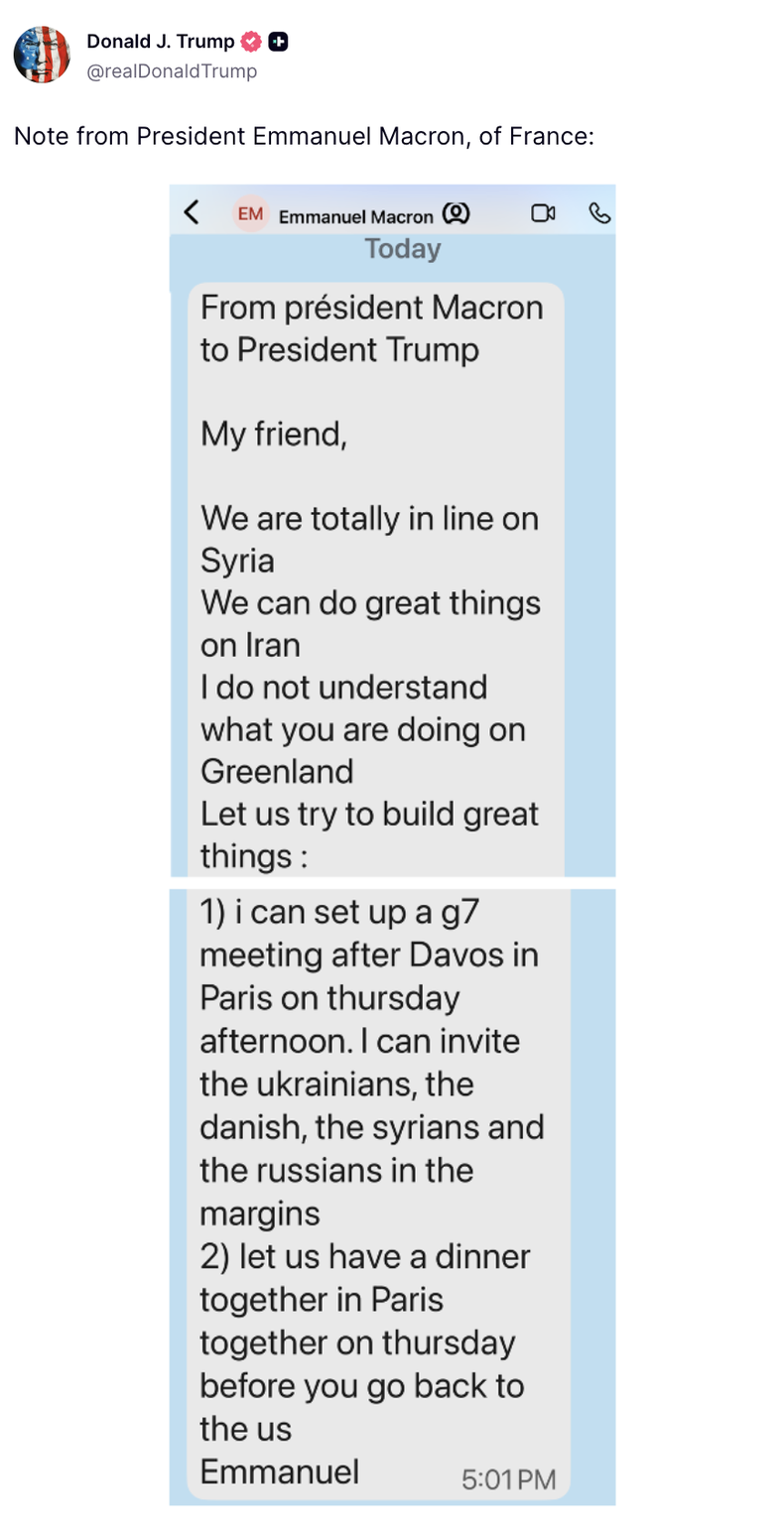 Donald Trump le agradeció irónicamente a Emmanuel Macron lo dicho en un mensaje privado que difundió en su cuenta de Truth Social.