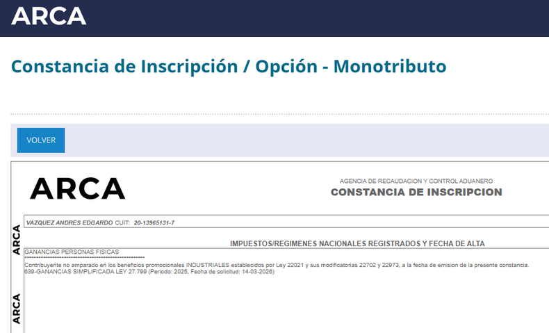 La constancia de inscripción del actual titular de ARCA, Andrés Vázquez. 