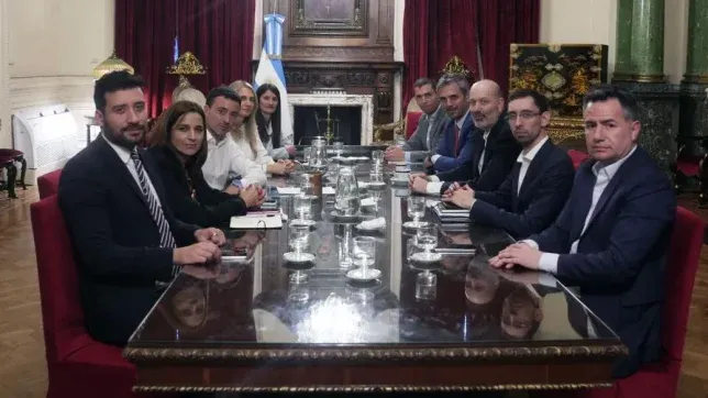 Martín Menem junto al bloque UCR y a funcionarios, en la definición de la sesión por boleta única.&nbsp;