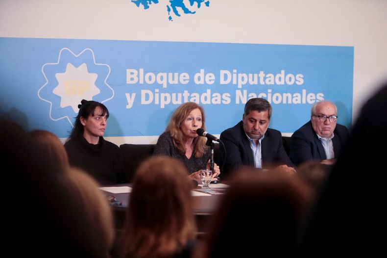 La madre de una de las detenidas junto a los abogados, durante la conferencia organizada por el kirchnerismo.&nbsp;