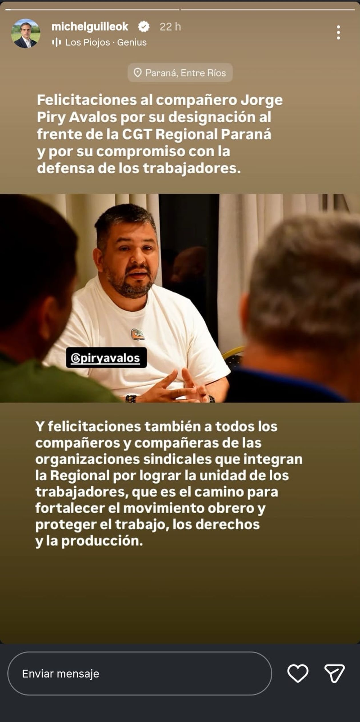 Guillermo Michel celebr&oacute; que Jorge &Aacute;valos ocupe la secretar&iacute;a general de la CGT Regional Paran&aacute;.