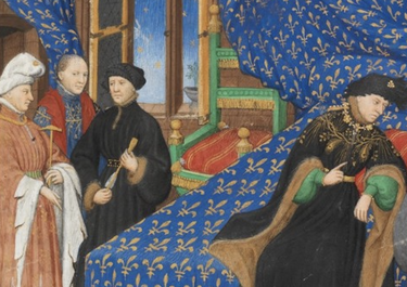 Detalle de miniatura de Carlos VI de Francia. Maître de la Couronne (anónimo). Bibliothèque nationale de France (París).