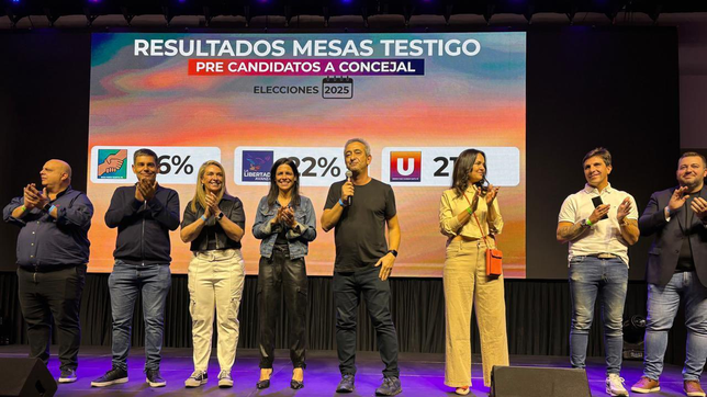 El intendente Pablo Javkin y la troupe de Unidos en Rosario, en el escenario del 13A.