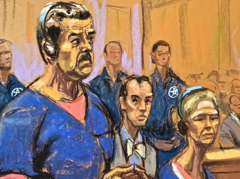 Dibujo oficial de la comparecencia de Nicolás Maduro y Cilia Flores ante una corte de Nueva York.