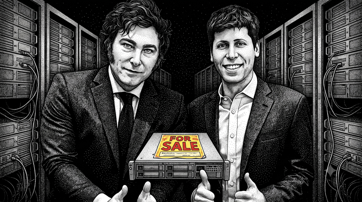 Javier Milei y Sam Altman. Para el zar de la IA, el súper-RIGI es una fiesta (imagen generada con inteligencia artficial).