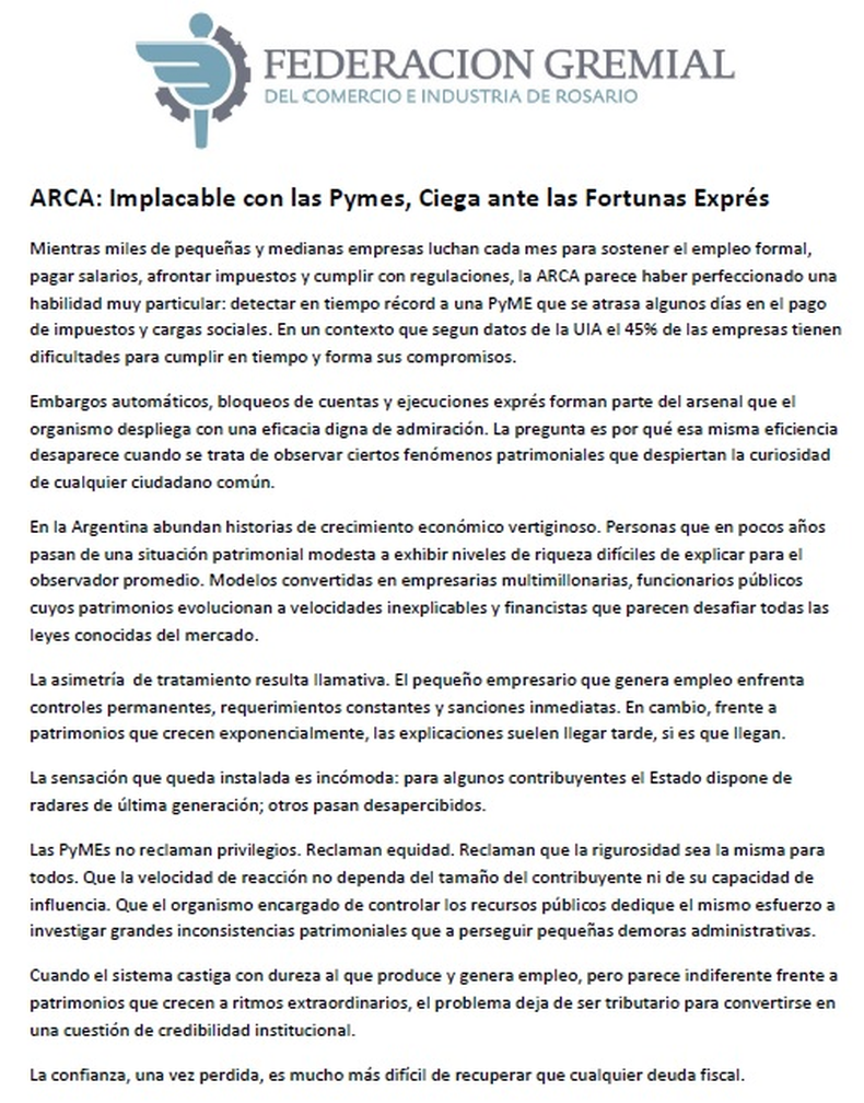 El comunicado de la Federación Gremial de Comercio e Industria de Rosario (FECOI) 