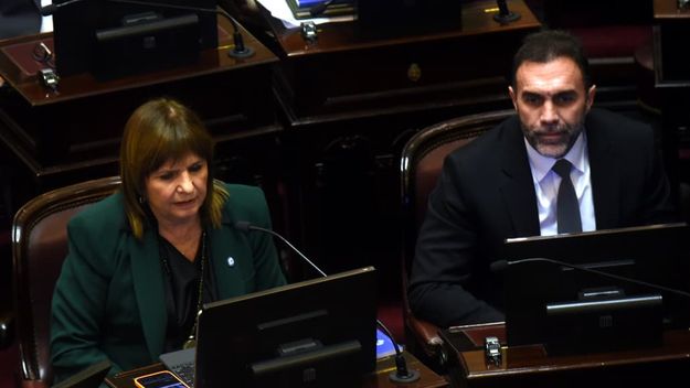 Patricia Bullrich y Ezequiel Atauche (La Libertad Avanza) durante la sesión del Senado.&nbsp;
