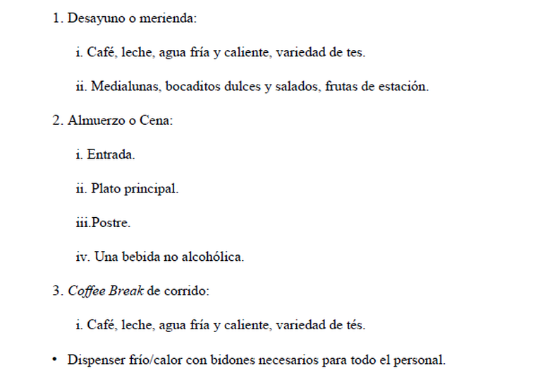 Detalle del catering que será ofrecido para trabajadores. 