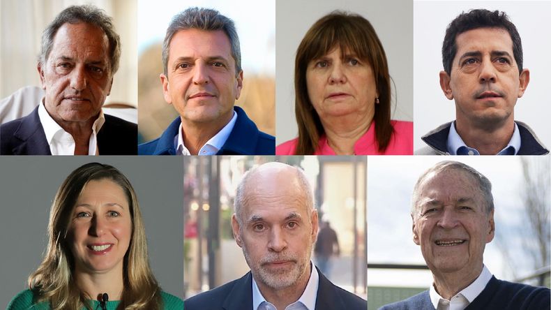 Daniel Scioli, Sergio Massa, Patricia Bullrich, Wado de Pedro, Myriam Bregman, Horacio Rodríguez Larreta y Juan Schiaretti.