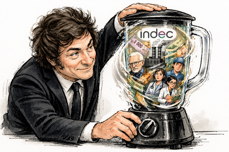 Javier Milei y su licuadora, otra vez al mango (imagen generada con inteligencia artificial).